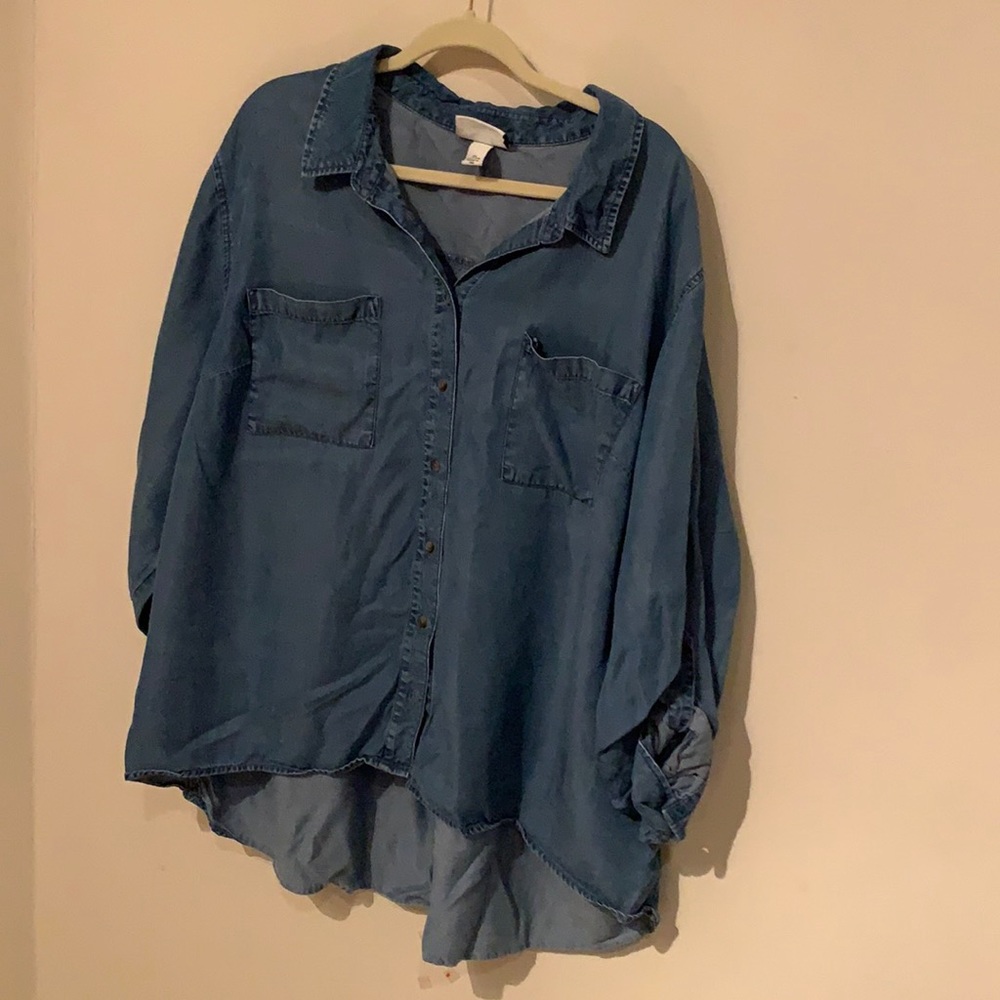 Ava and Viv, Denim Long Sleeve Button Up, 3X